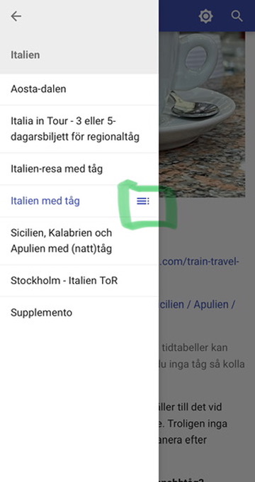 Innehållsförteckning i menyn