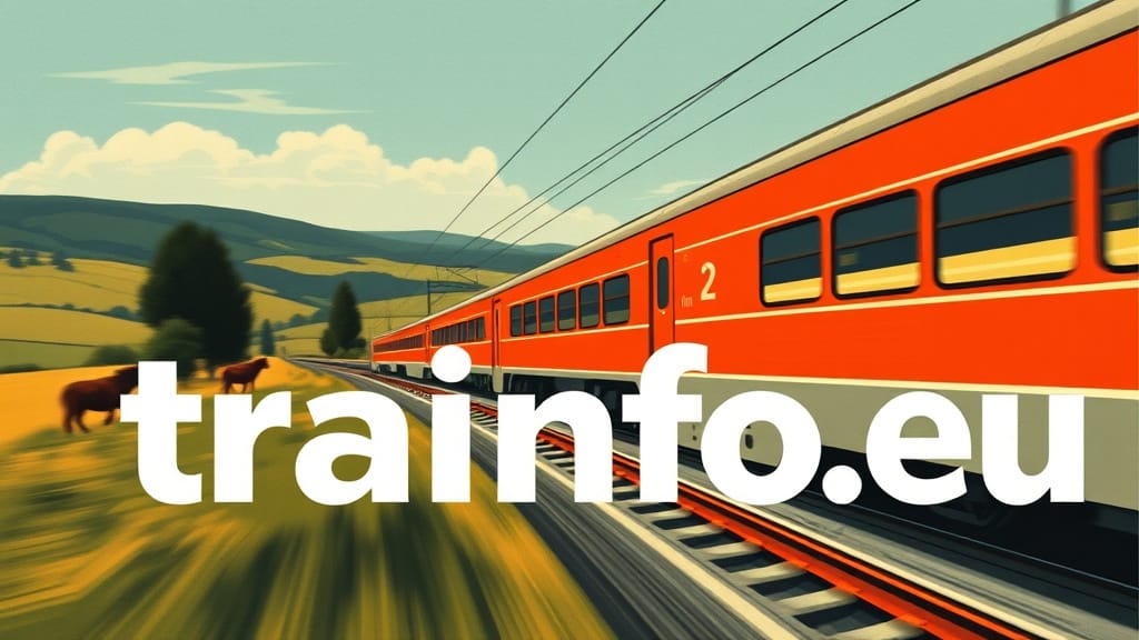Tecknad bild på ett rött tåg som rör sig snabt genom ett kuperat landskap. Text trainfo.eu över bilden